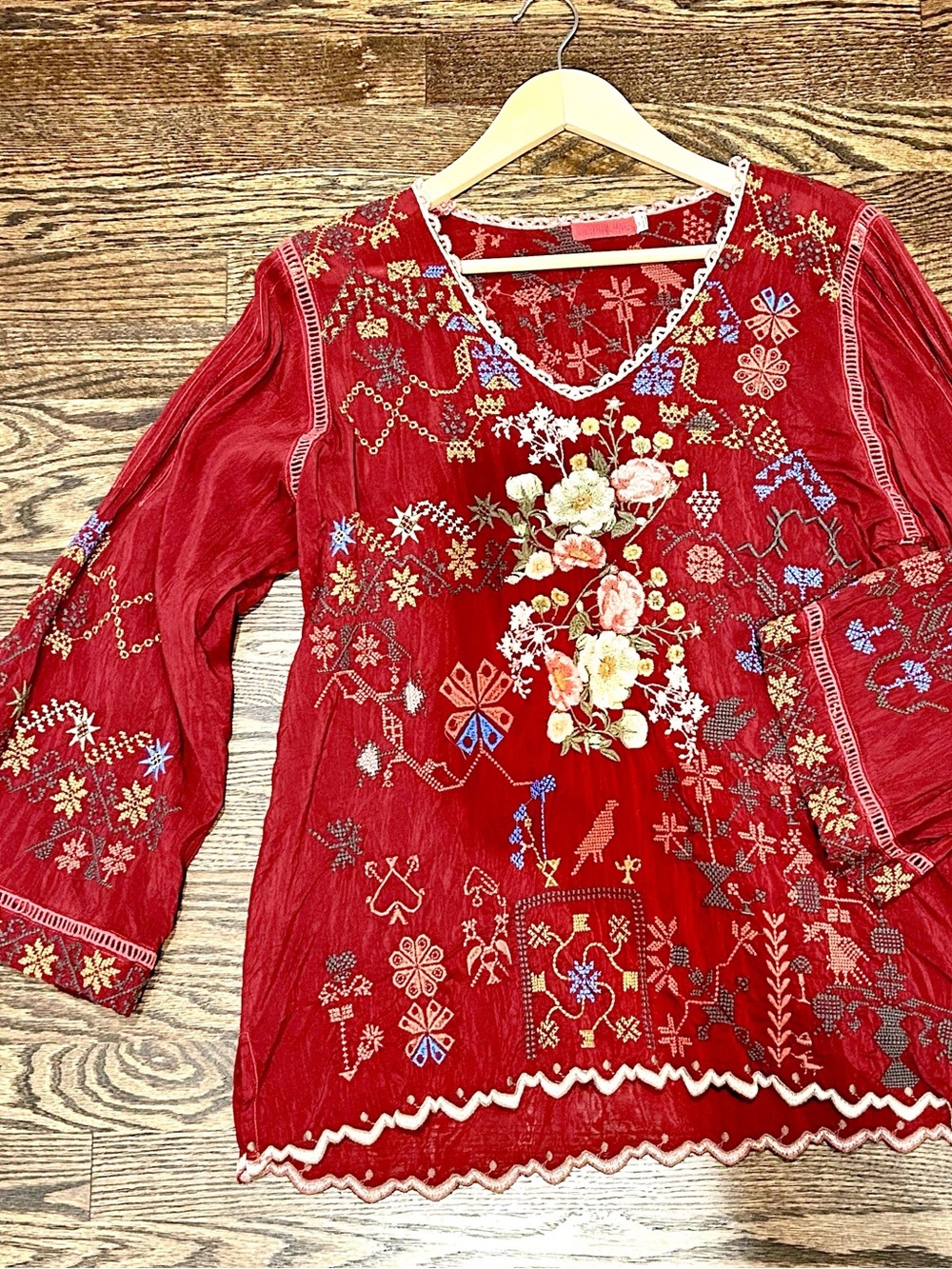Johnny Was Red Embroidered Floral V-Neck Tunic